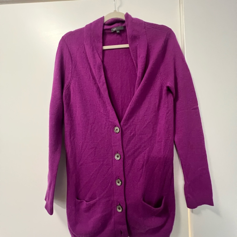 Purple Cardigan Sweater with V-neck and Long Length